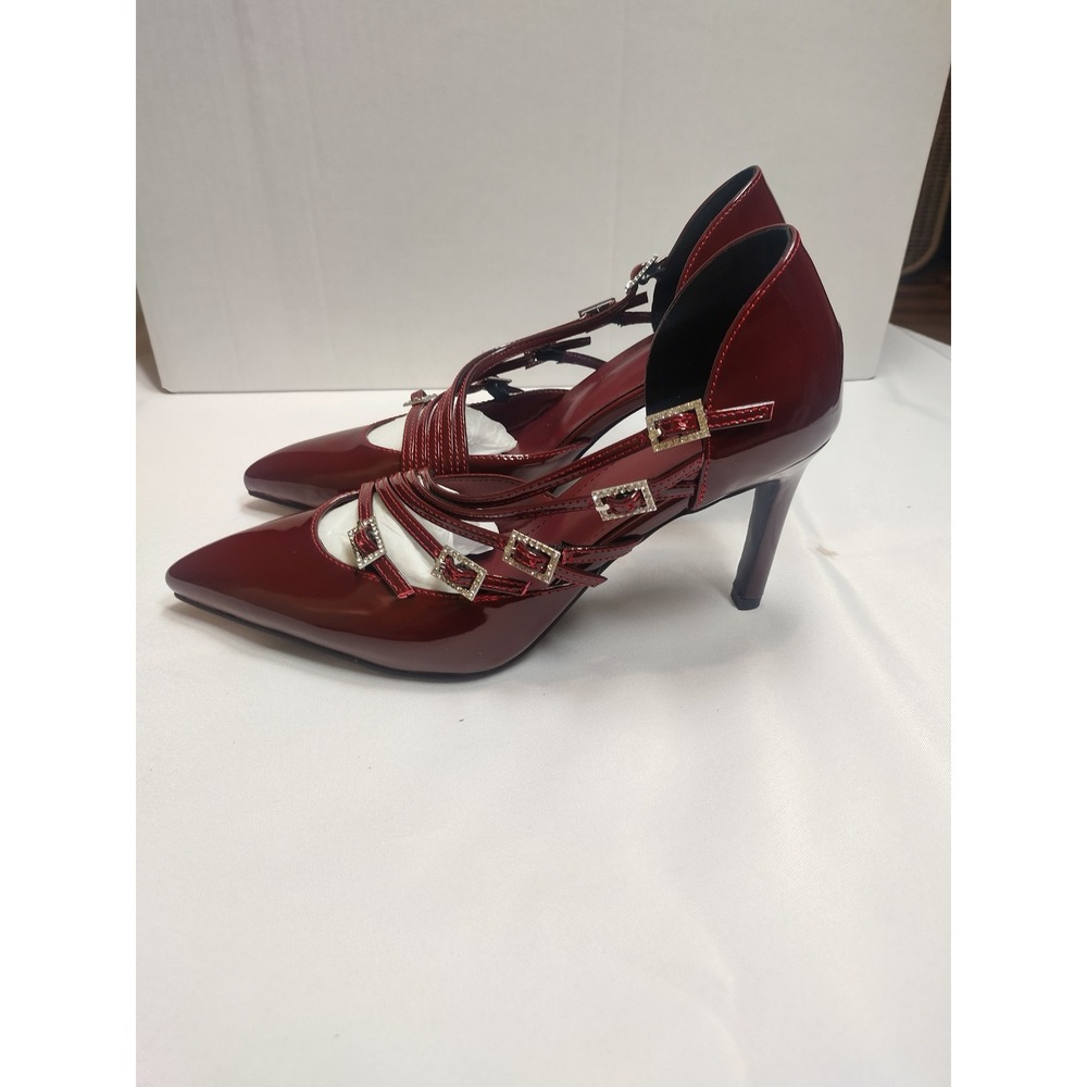 Burgundy Patent Rhinestone Buckle Multi Strap Pointed Toe D'Orsay Stiletto Heels